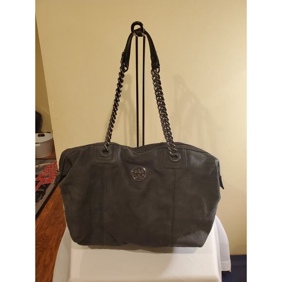 Tory Burch MCGRAW SUEDE CHAIN-SHOULDER SLOUCHY TOTE- Gray Large Zip Top - Picture 1 of 11
